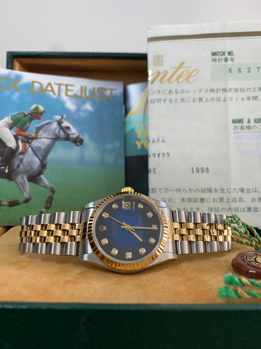 Rolex Steel and Yellow Gold Datejust 31 - T serial - Fluted Bezel - Blue Vignette Diamond Dial - Jubilee Bracelet - 68273