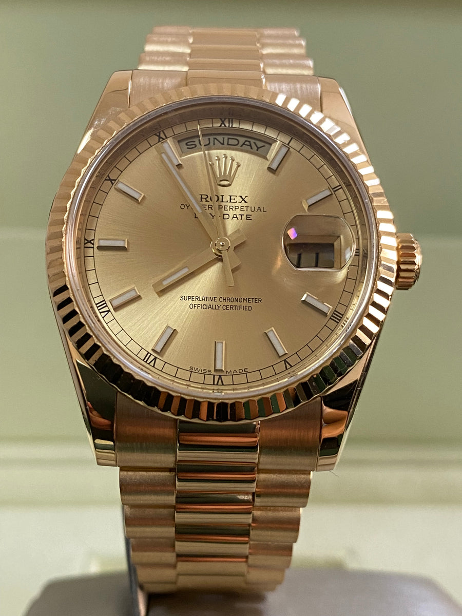 Rolex Yellow Gold Day-Date 36 - G serial - Fluted Bezel - Champagne Dial - President Bracelet - 118238 *FULL SET*