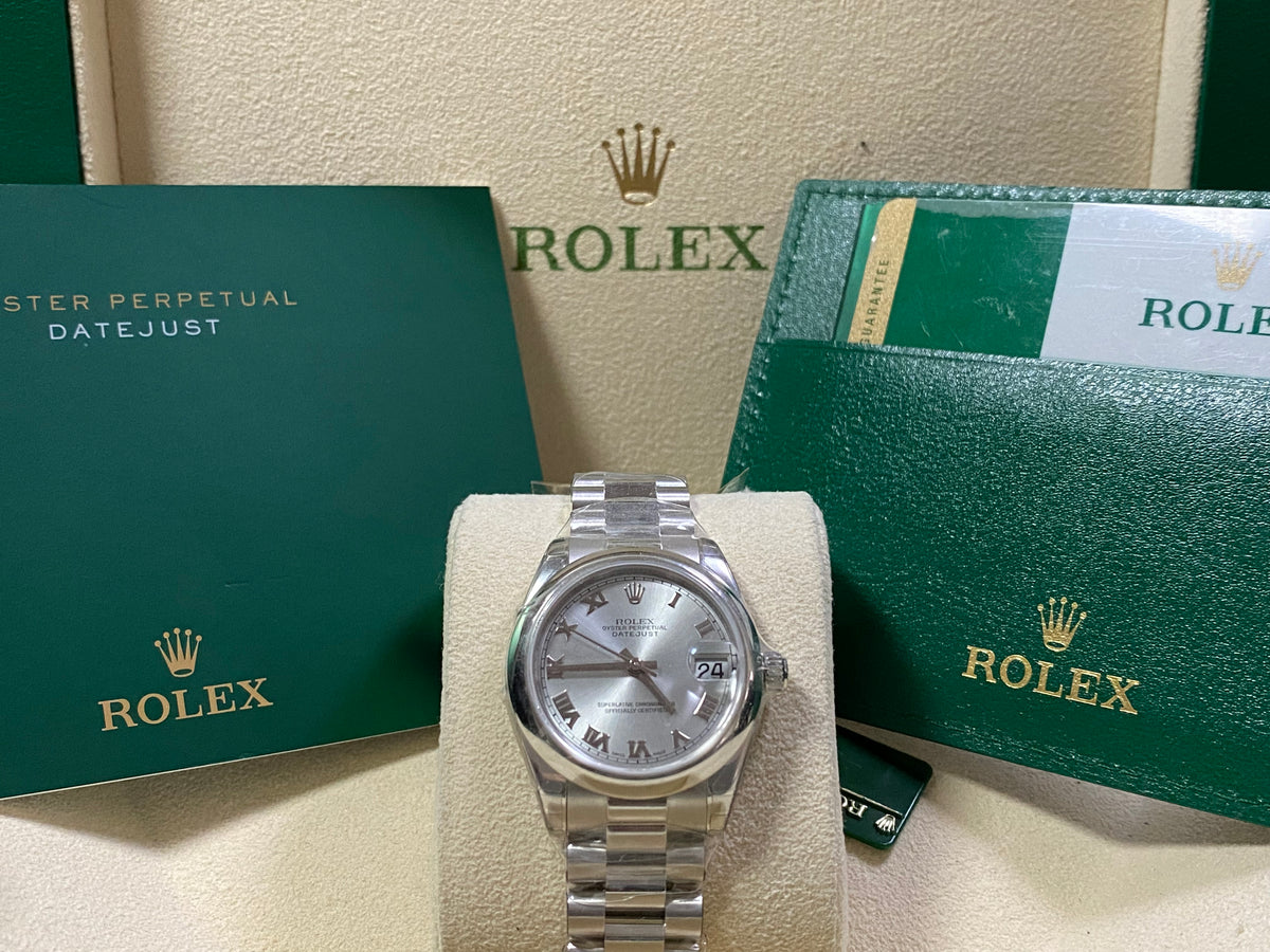 Rolex Platinum Datejust 31 - 2022 - Domed Bezel - Silver Roman Roman Dial - President Bracelet - 178246 FULL STICKERS