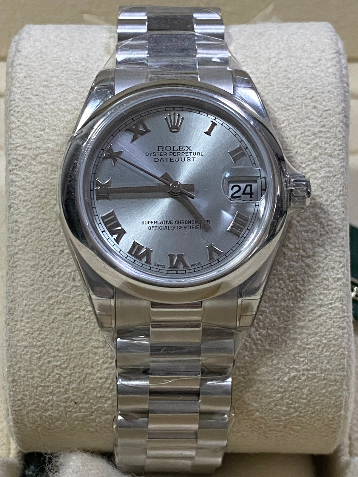 Rolex Platinum Datejust 31 - 2022 - Domed Bezel - Silver Roman Roman Dial - President Bracelet - 178246 FULL STICKERS