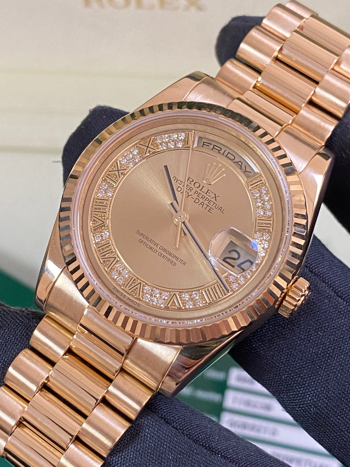 Rolex Yellow Gold Day-Date 36 - G serial - Fluted Bezel - Factory Myriad Diamond Dial - President Bracelet - 118238 *FULL SET*