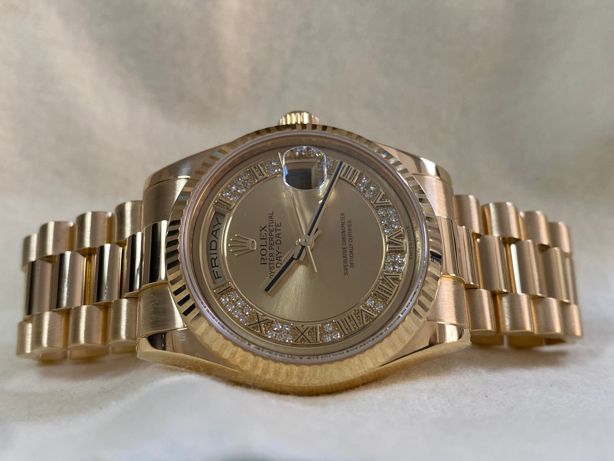 Rolex Yellow Gold Day-Date 36 - G serial - Fluted Bezel - Factory Myriad Diamond Dial - President Bracelet - 118238 *FULL SET*