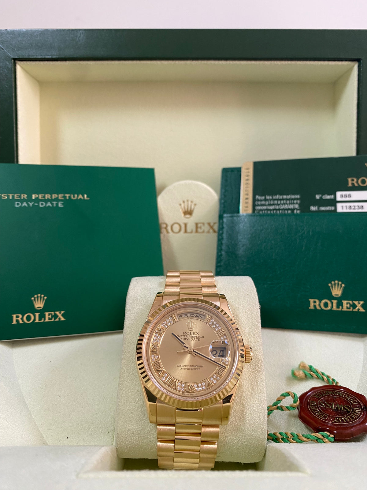 Rolex Yellow Gold Day-Date 36 - G serial - Fluted Bezel - Factory Myriad Diamond Dial - President Bracelet - 118238 *FULL SET*