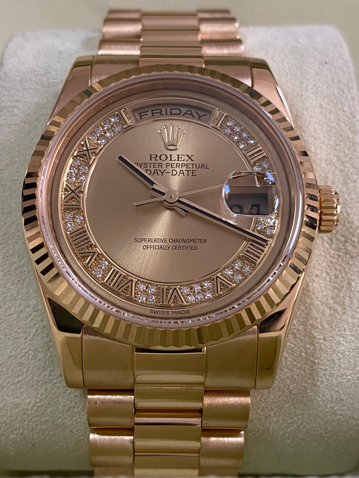 Rolex Yellow Gold Day-Date 36 - G serial - Fluted Bezel - Factory Myriad Diamond Dial - President Bracelet - 118238 *FULL SET*