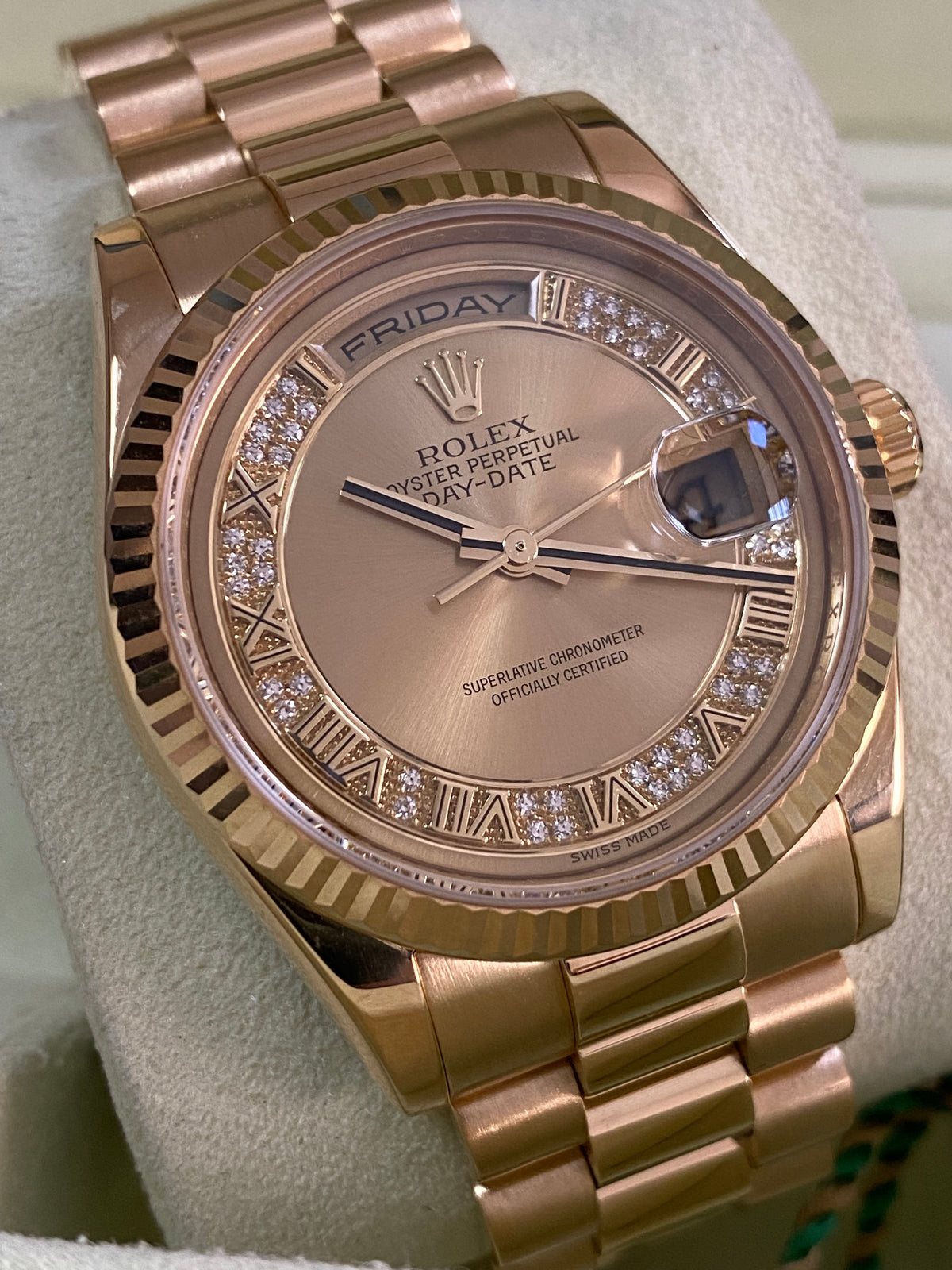 Rolex Yellow Gold Day-Date 36 - G serial - Fluted Bezel - Factory Myriad Diamond Dial - President Bracelet - 118238 *FULL SET*