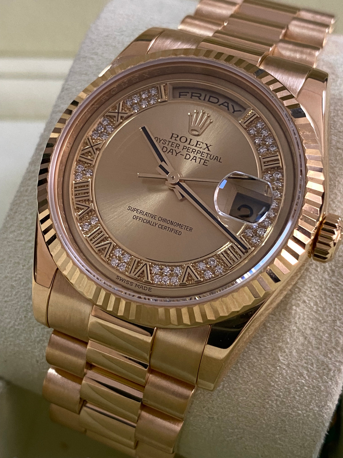 Rolex Yellow Gold Day-Date 36 - G serial - Fluted Bezel - Factory Myriad Diamond Dial - President Bracelet - 118238 *FULL SET*