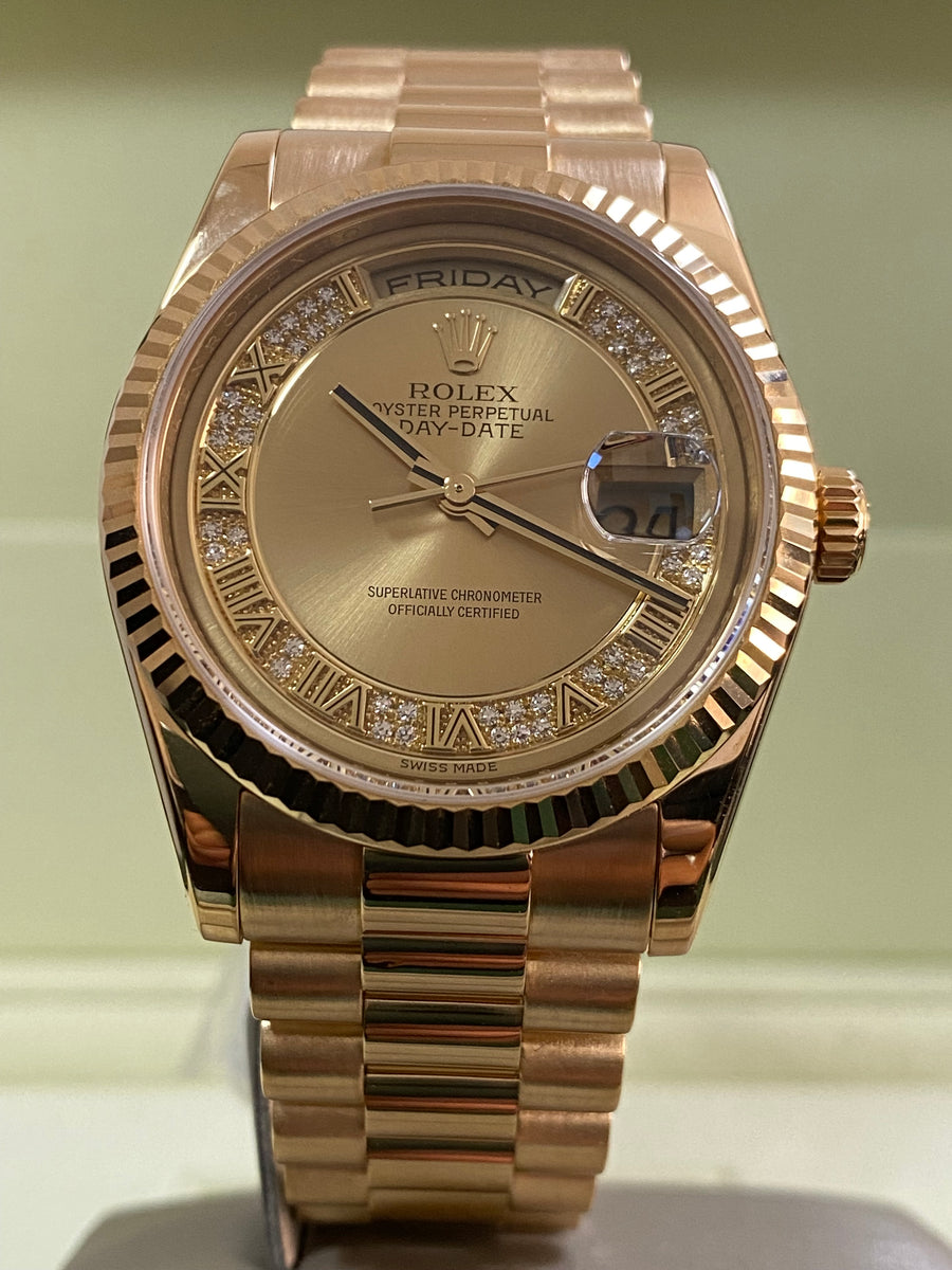 Rolex Yellow Gold Day-Date 36 - G serial - Fluted Bezel - Factory Myriad Diamond Dial - President Bracelet - 118238 *FULL SET*