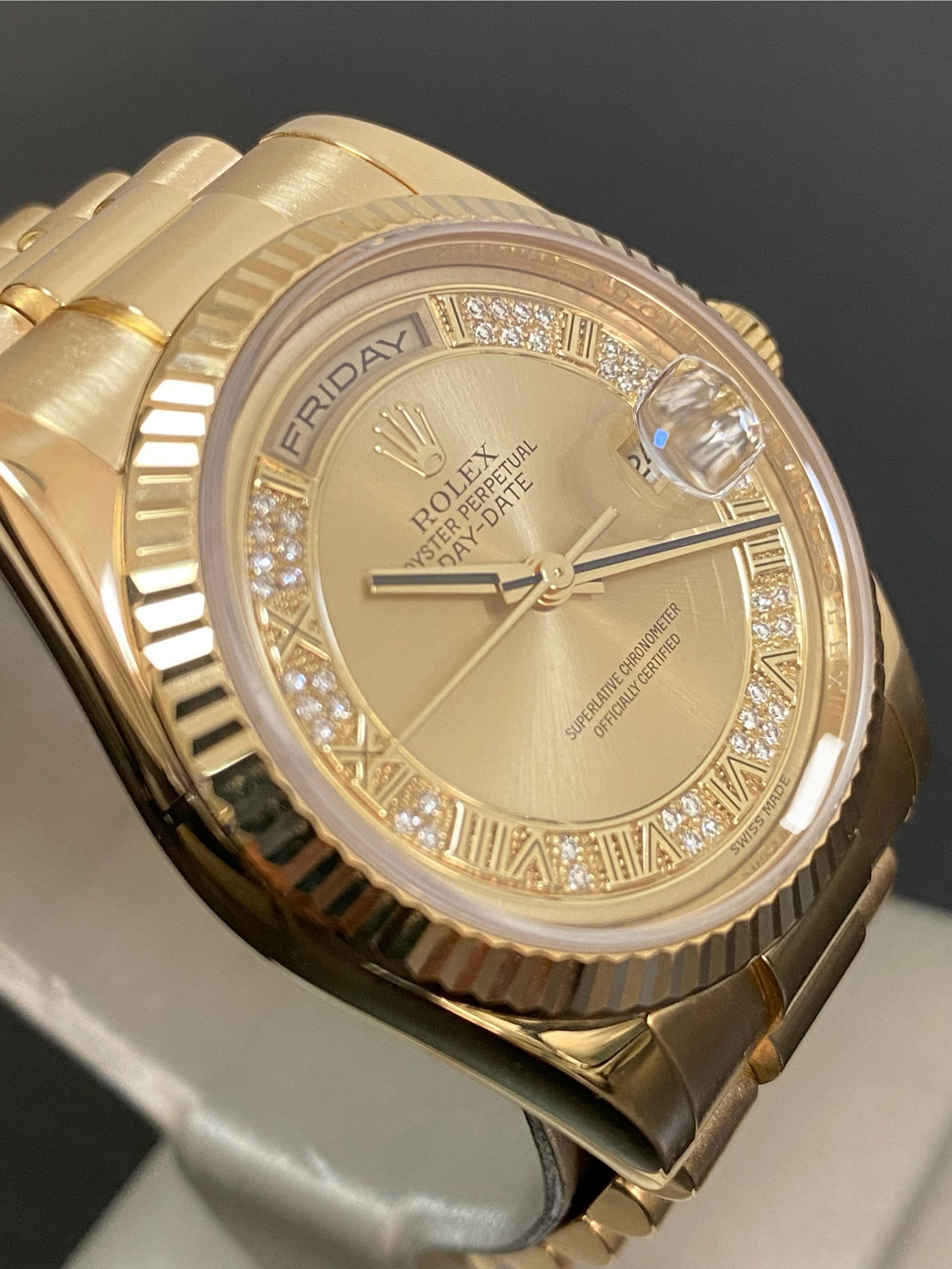 Rolex Yellow Gold Day-Date 36 - G serial - Fluted Bezel - Factory Myriad Diamond Dial - President Bracelet - 118238 *FULL SET*