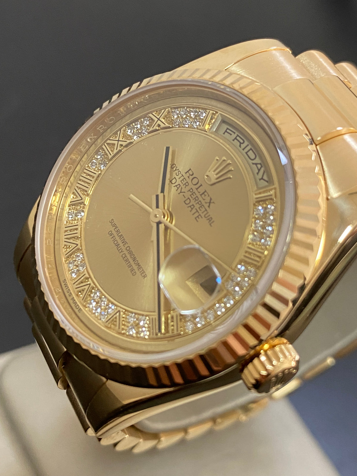 Rolex Yellow Gold Day-Date 36 - G serial - Fluted Bezel - Factory Myriad Diamond Dial - President Bracelet - 118238 *FULL SET*