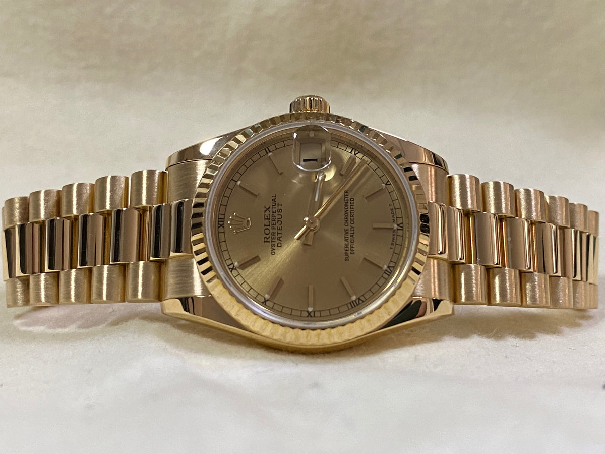 Rolex Yellow Gold Datejust 31 - 1989 - Fluted Bezel - Champagne Index Dial - President Bracelet - 68278