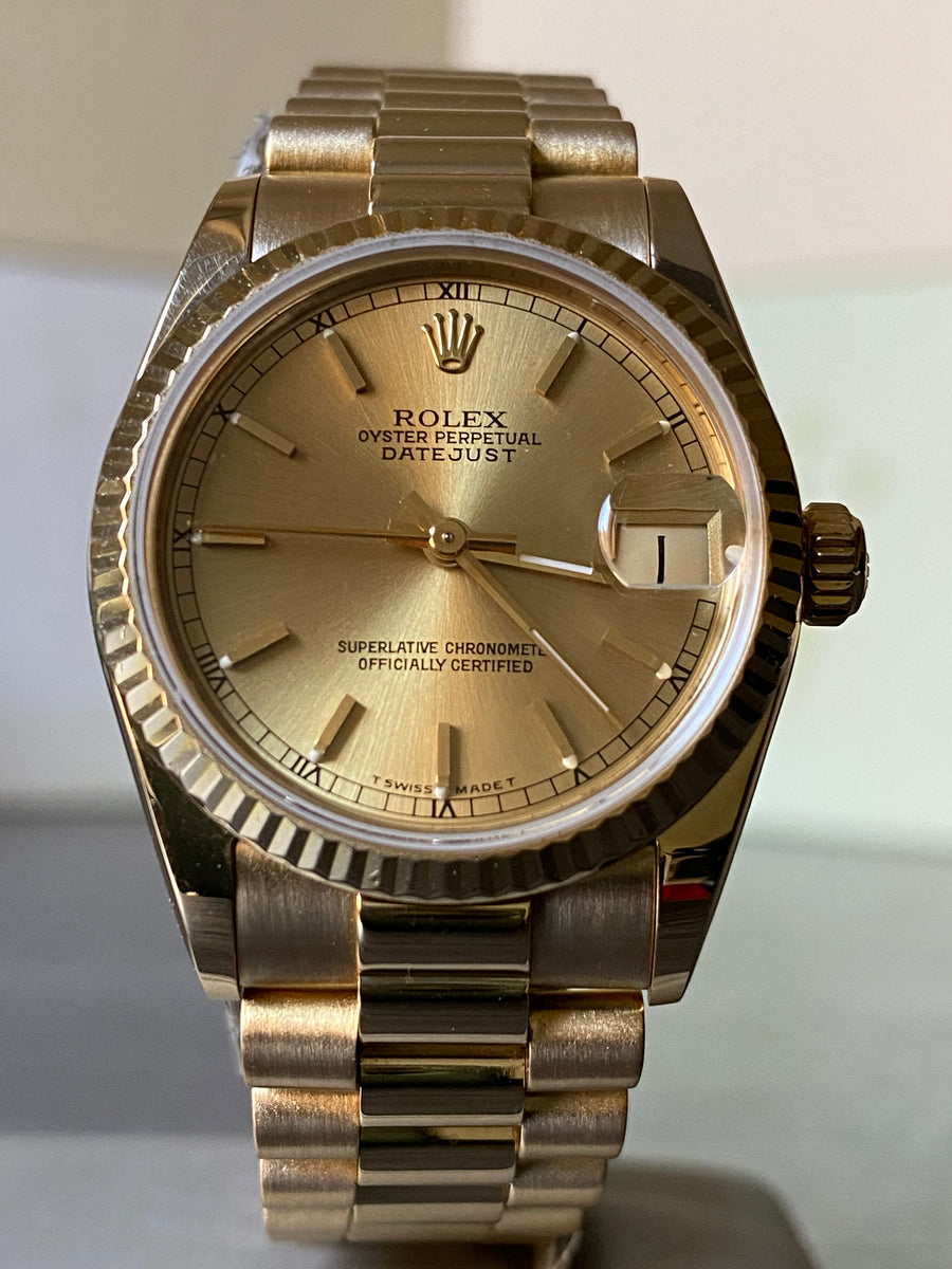 Rolex Yellow Gold Datejust 31 - 1989 - Fluted Bezel - Champagne Index Dial - President Bracelet - 68278