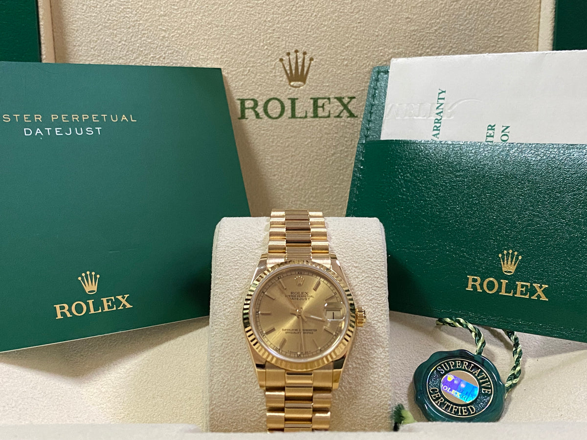 Rolex Yellow Gold Datejust 31 - 1989 - Fluted Bezel - Champagne Index Dial - President Bracelet - 68278