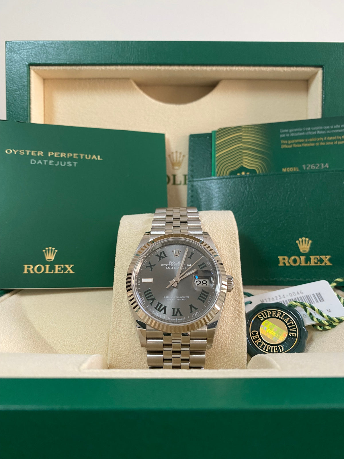 Rolex Steel Datejust 36 - 2024 - Fluted Bezel - "Wimbledon" Dial - Jubilee Bracelet - 126234 *FULL SET*