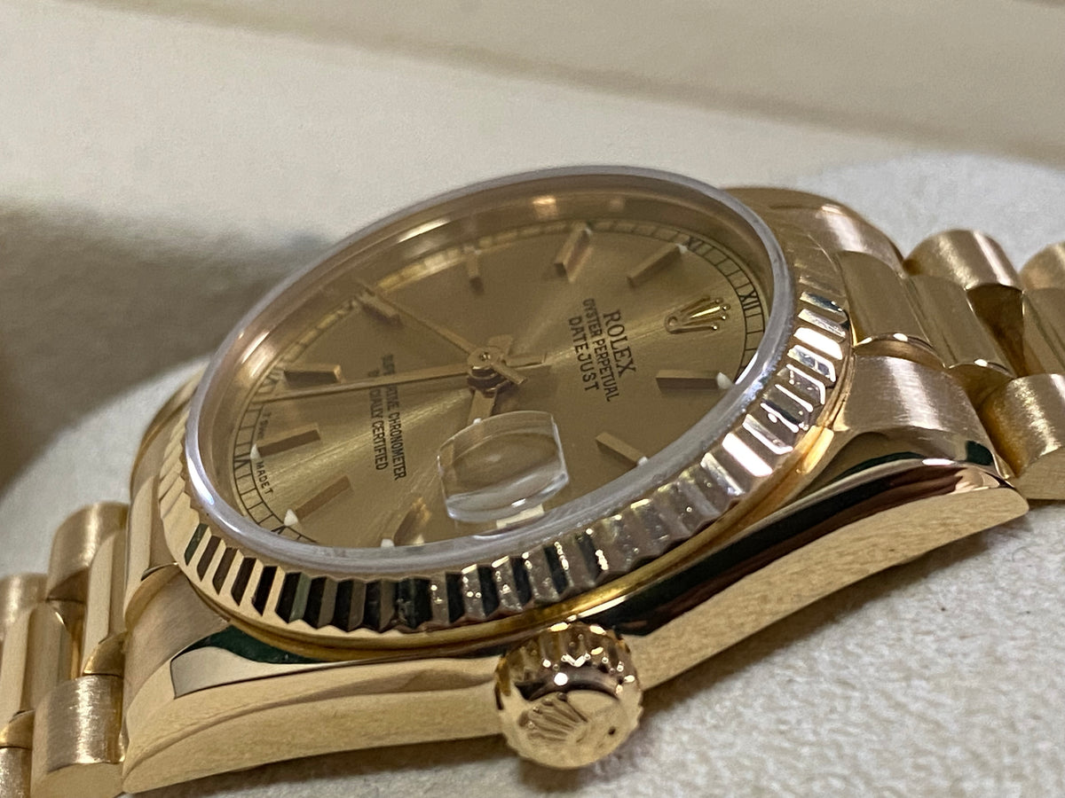 Rolex Yellow Gold Datejust 31 - 1989 - Fluted Bezel - Champagne Index Dial - President Bracelet - 68278