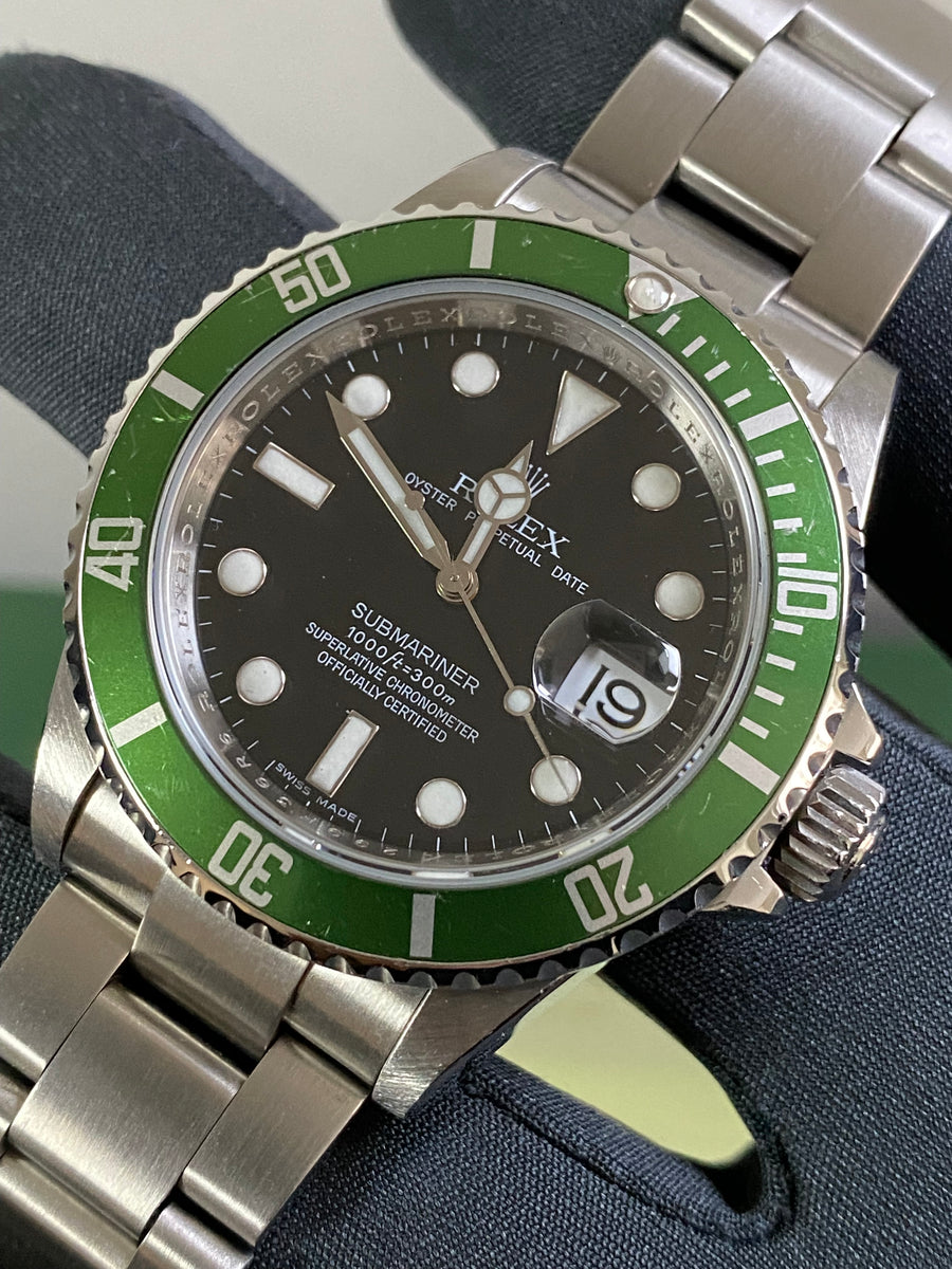 Rolex Steel Submariner Date - Kermit - Green Bezel - Black Dial - 16610LV Scambled Serial