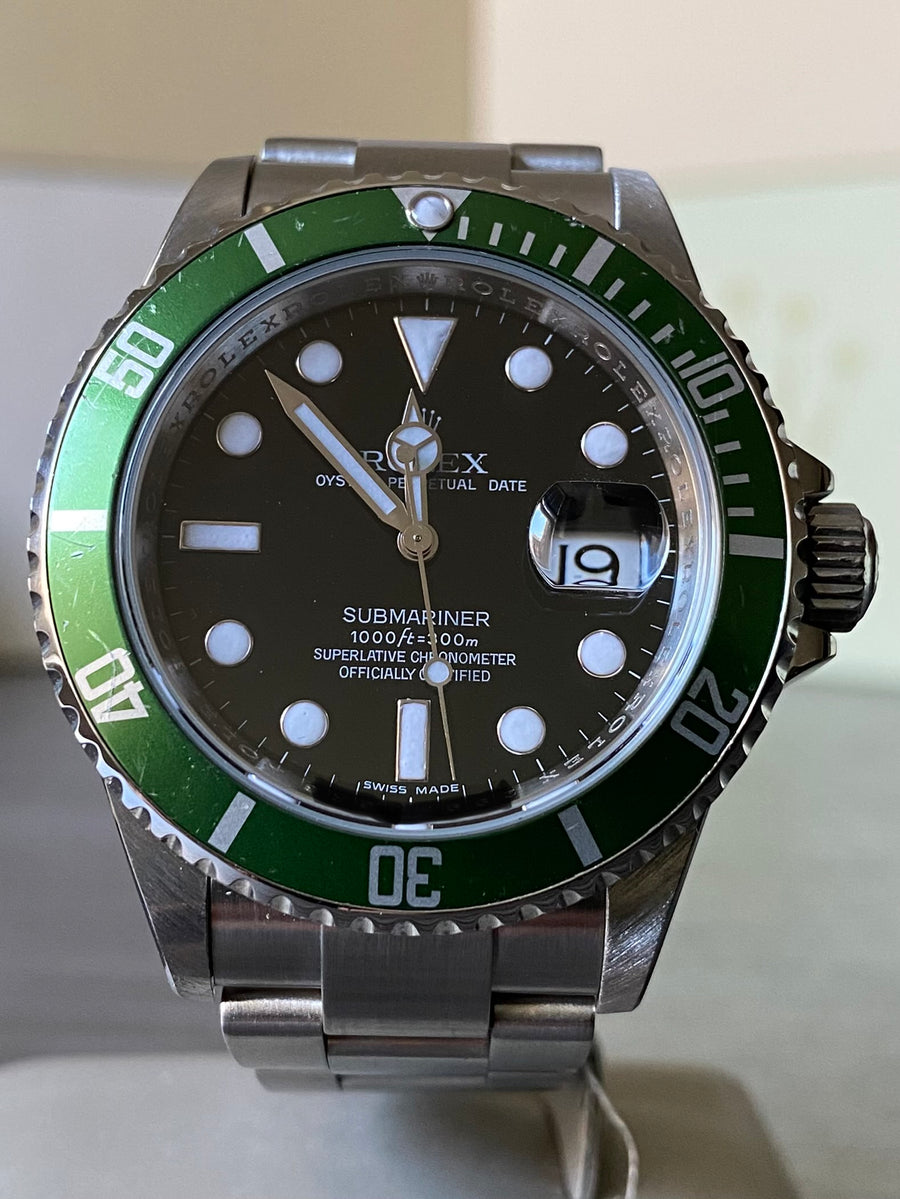 Rolex Steel Submariner Date - Kermit - Green Bezel - Black Dial - 16610LV Scambled Serial