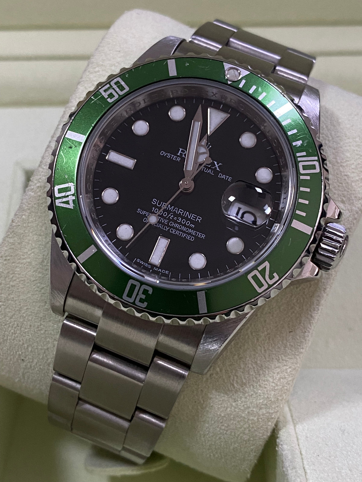 Rolex Steel Submariner Date - Kermit - Green Bezel - Black Dial - 16610LV Scambled Serial