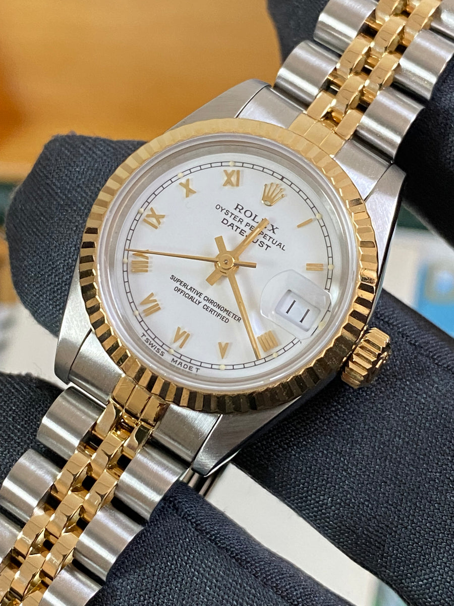 Rolex Steel and Yellow Gold Lady-Datejust - X serial - Fluted Bezel - White Roman Dial - Jubilee Bracelet - 69173 *COMPLETE SET*