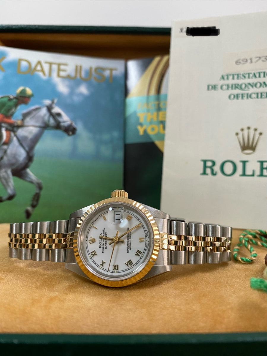 Rolex Steel and Yellow Gold Lady-Datejust - X serial - Fluted Bezel - White Roman Dial - Jubilee Bracelet - 69173 *COMPLETE SET*