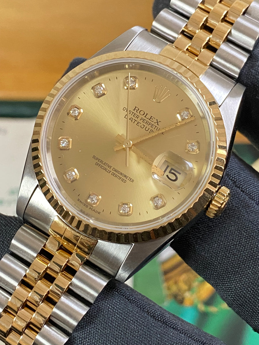 Rolex Steel and Yellow Gold Datejust 36 - W serial - Fluted Bezel - Factory Diamond Dial - Jubilee Bracelet - 16233 *COMPLETE SET*