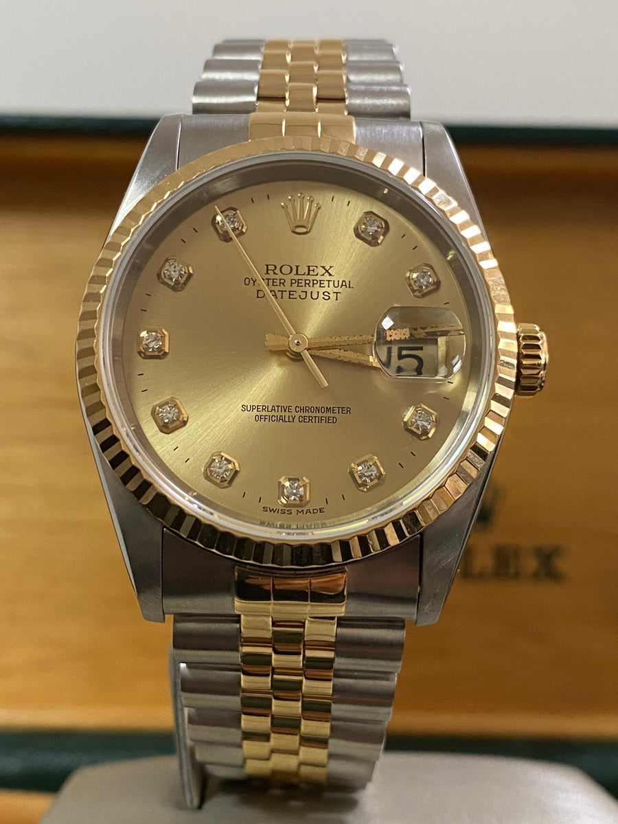 Rolex Steel and Yellow Gold Datejust 36 - W serial - Fluted Bezel - Factory Diamond Dial - Jubilee Bracelet - 16233 *COMPLETE SET*