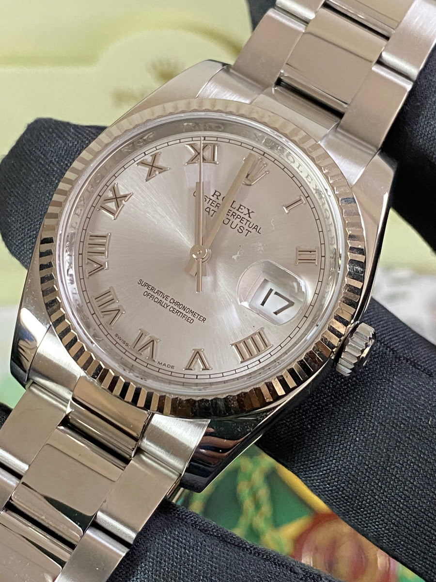 Rolex Steel Datejust 36 - Z serial - Fluted Bezel - Rhodium Roman Dial - Oyster Bracelet - 116234 *COMPLETE SET*