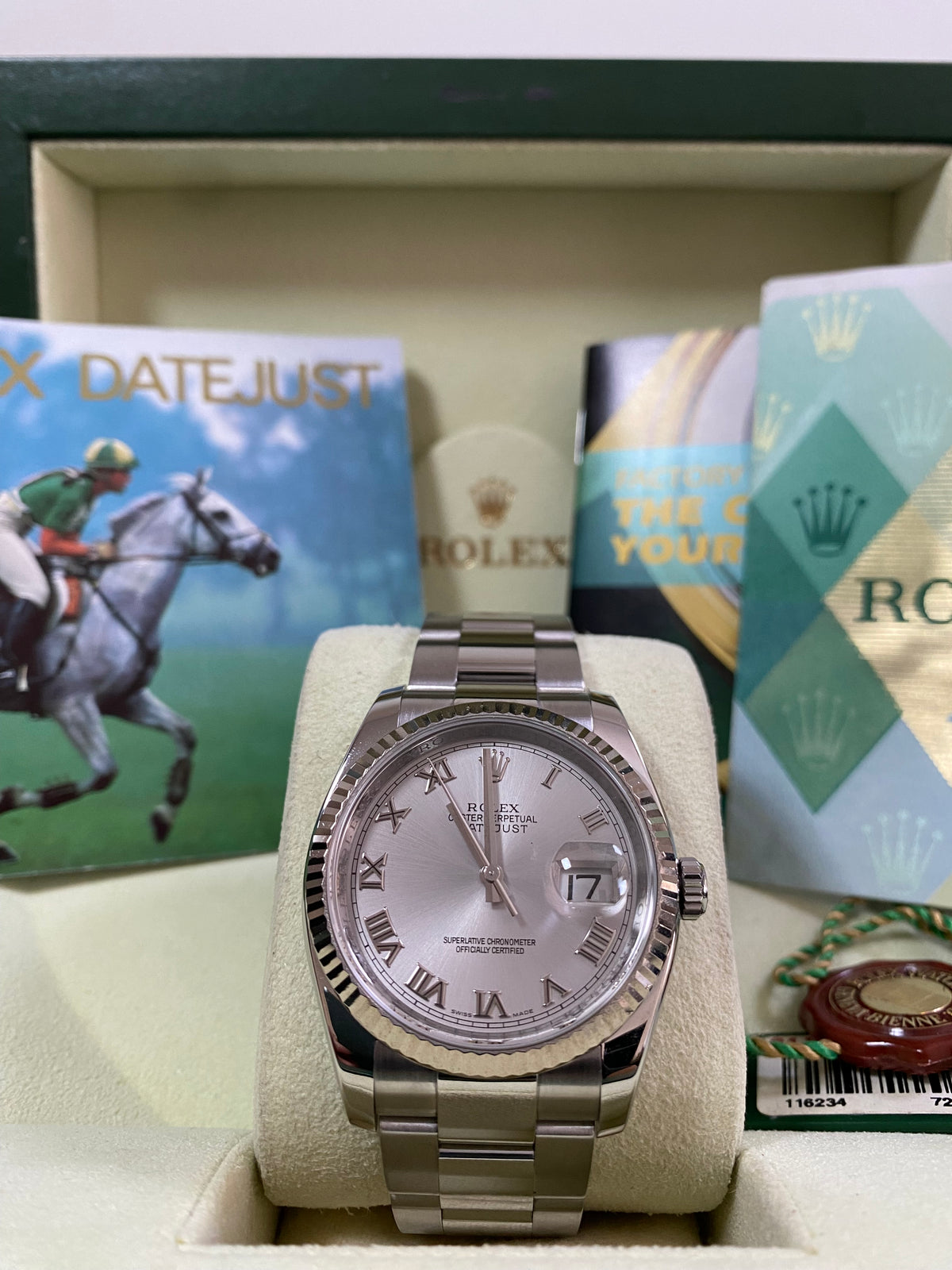 Rolex Steel Datejust 36 - Z serial - Fluted Bezel - Rhodium Roman Dial - Oyster Bracelet - 116234 *COMPLETE SET*