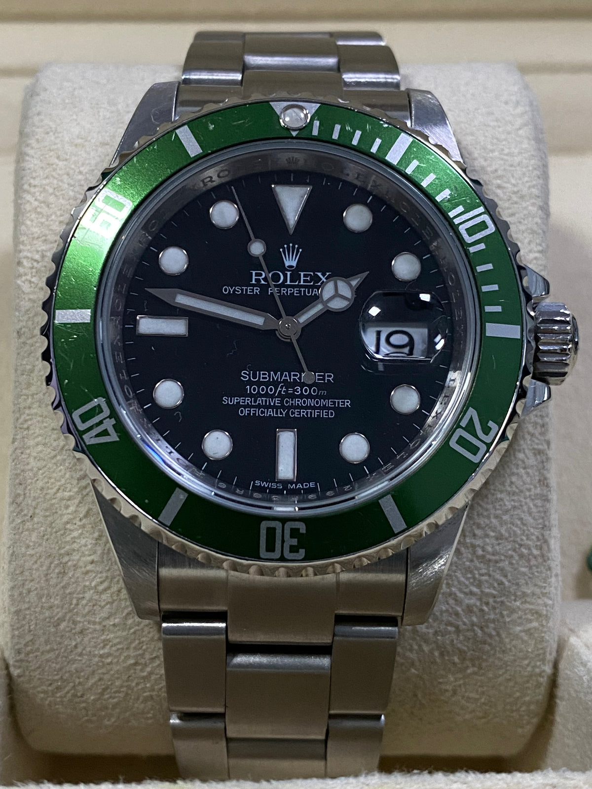 Rolex Steel Submariner Date - Kermit - Green Bezel - Black Dial - 16610LV Scambled Serial