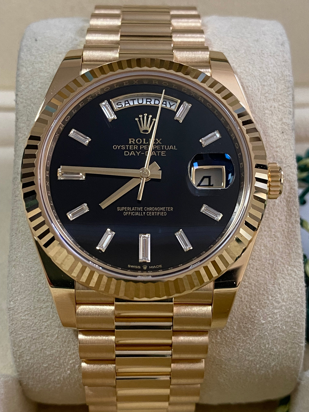 Rolex Yellow Gold Day-Date 40 - 2024 - Fluted Bezel - Onyx Baguette Dial - President Bracelet - 228238 *FULL SET*