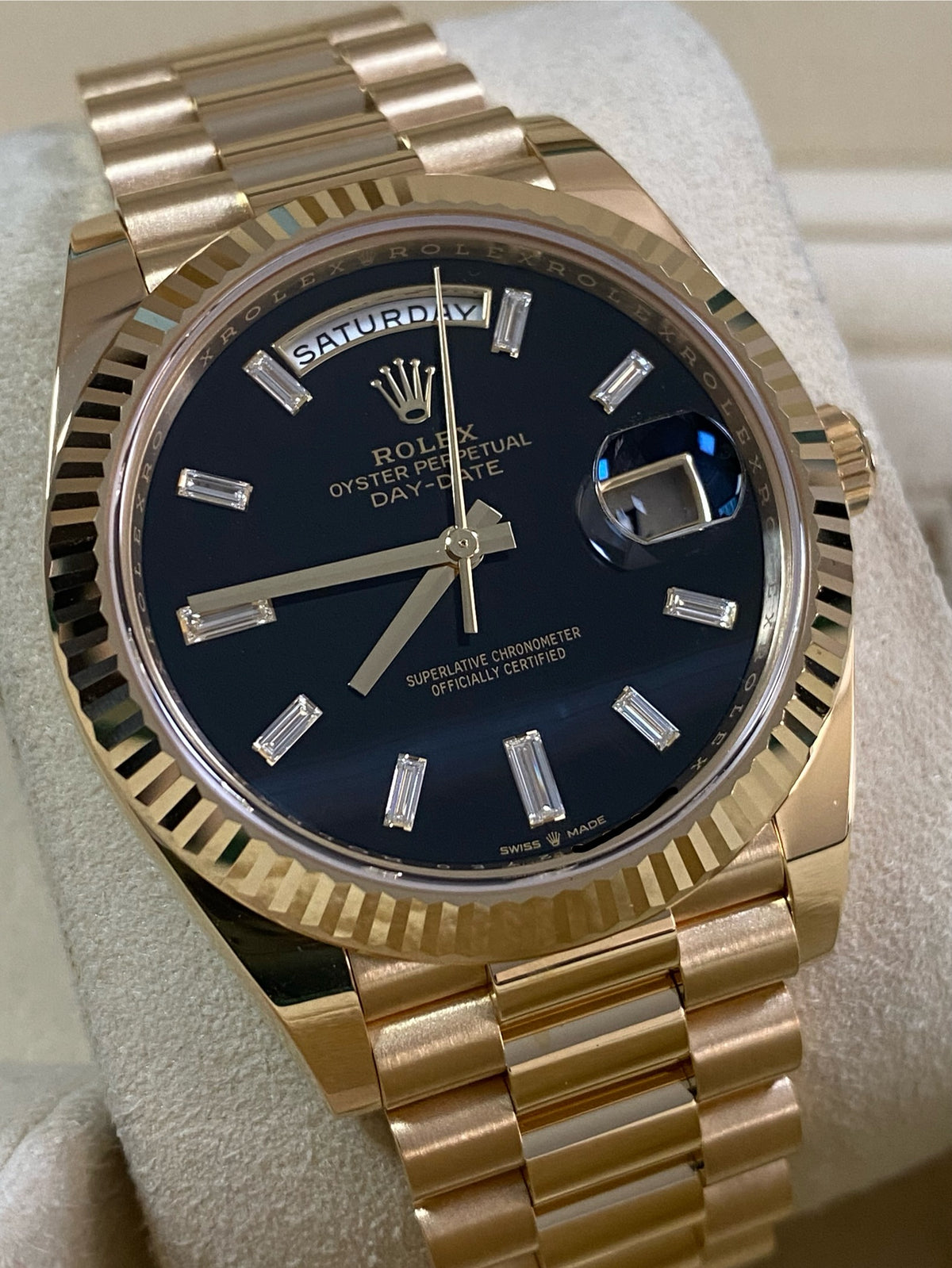 Rolex Yellow Gold Day-Date 40 - 2024 - Fluted Bezel - Onyx Baguette Dial - President Bracelet - 228238 *FULL SET*