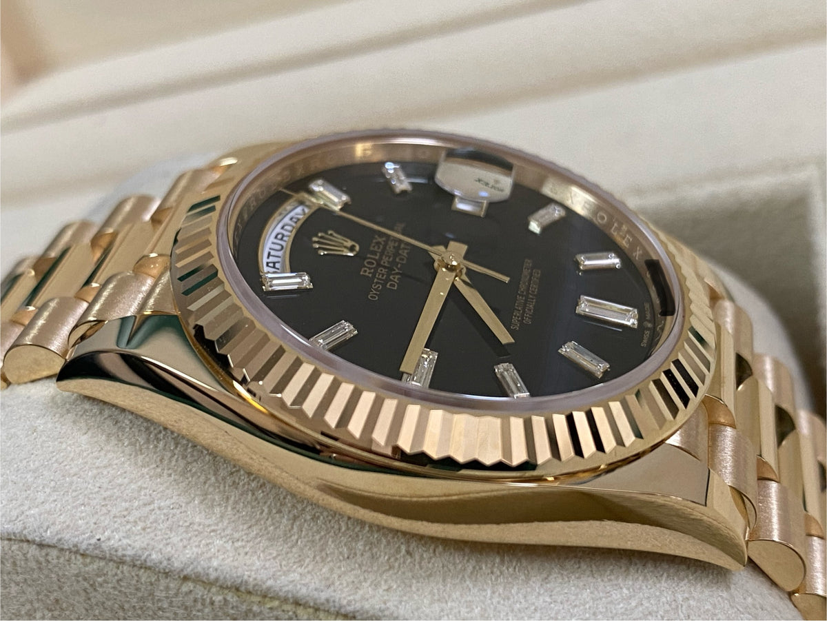 Rolex Yellow Gold Day-Date 40 - 2024 - Fluted Bezel - Onyx Baguette Dial - President Bracelet - 228238 *FULL SET*