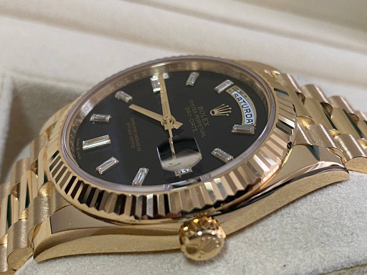 Rolex Yellow Gold Day-Date 40 - 2024 - Fluted Bezel - Onyx Baguette Dial - President Bracelet - 228238 *FULL SET*