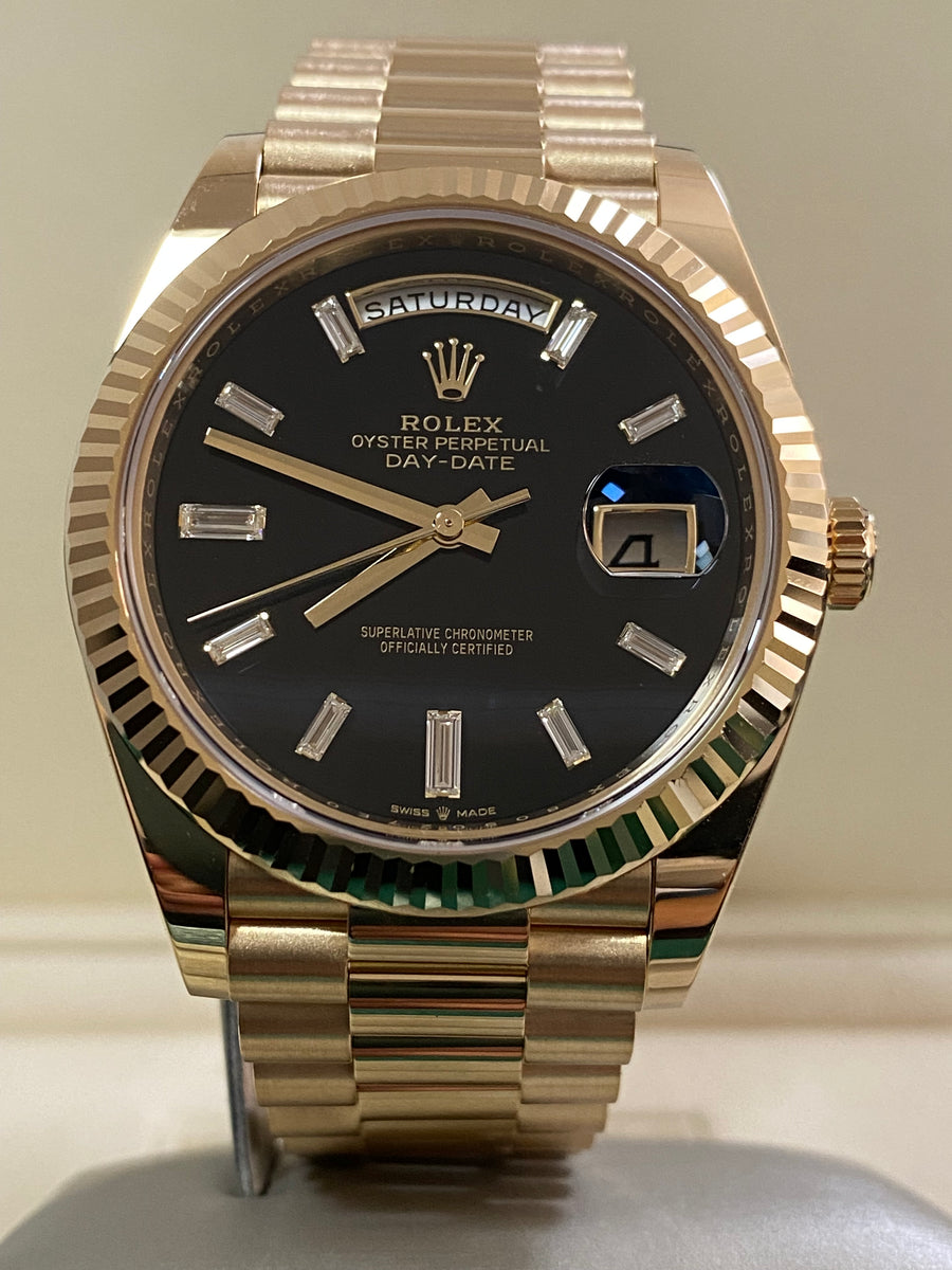 Rolex Yellow Gold Day-Date 40 - 2024 - Fluted Bezel - Onyx Baguette Dial - President Bracelet - 228238 *FULL SET*