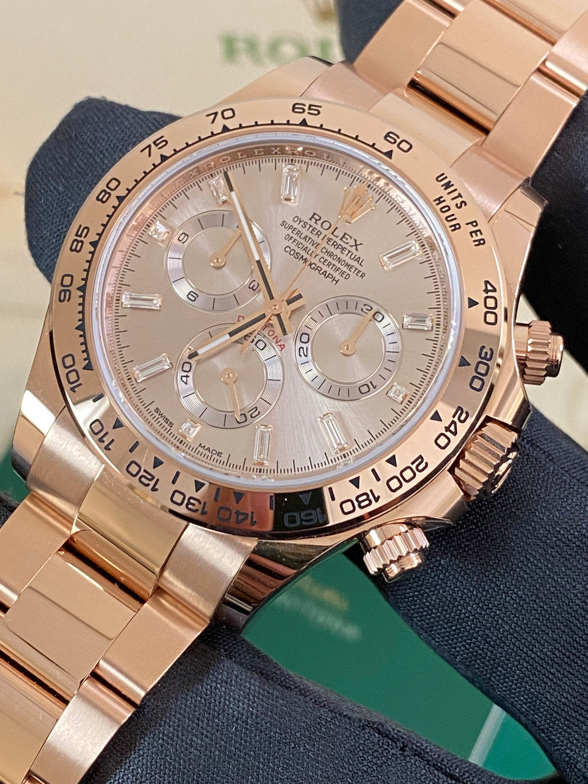 Rolex Everose Gold Cosmograph Daytona - 2023 - Sundust Baguette Dial - 116505 *FULL SET*