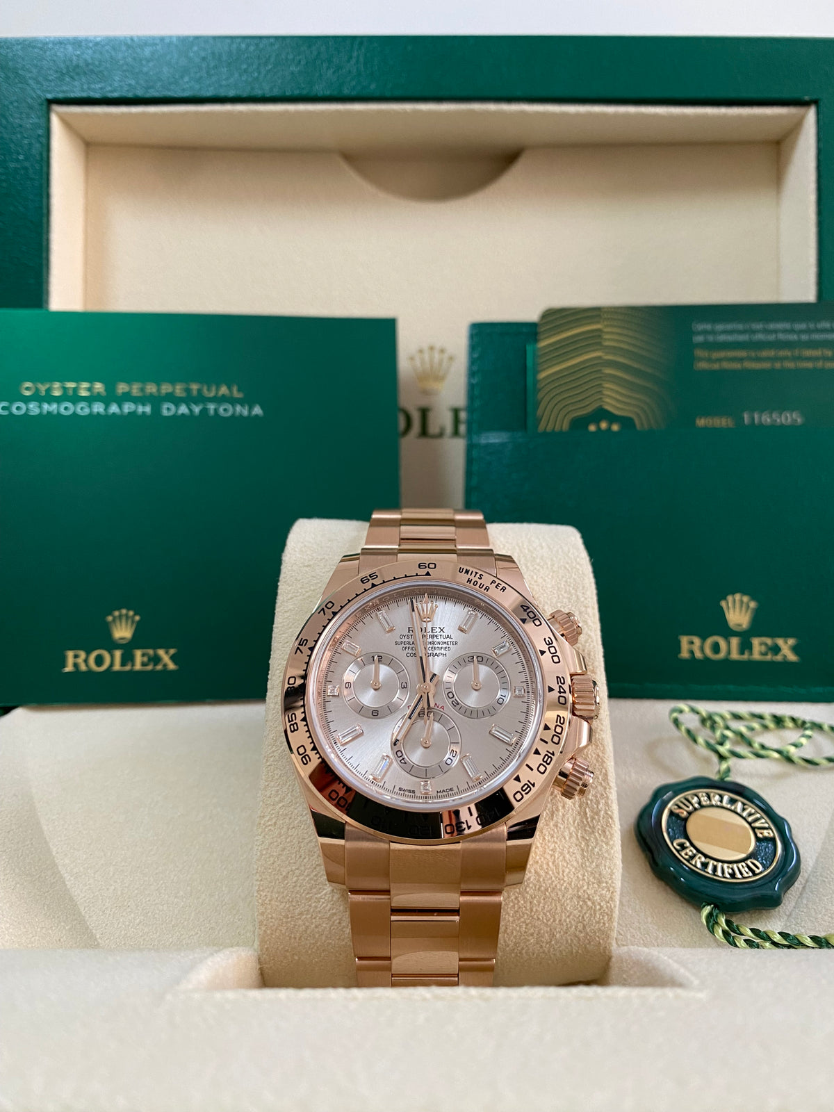 Rolex Everose Gold Cosmograph Daytona - 2023 - Sundust Baguette Dial - 116505 *FULL SET*