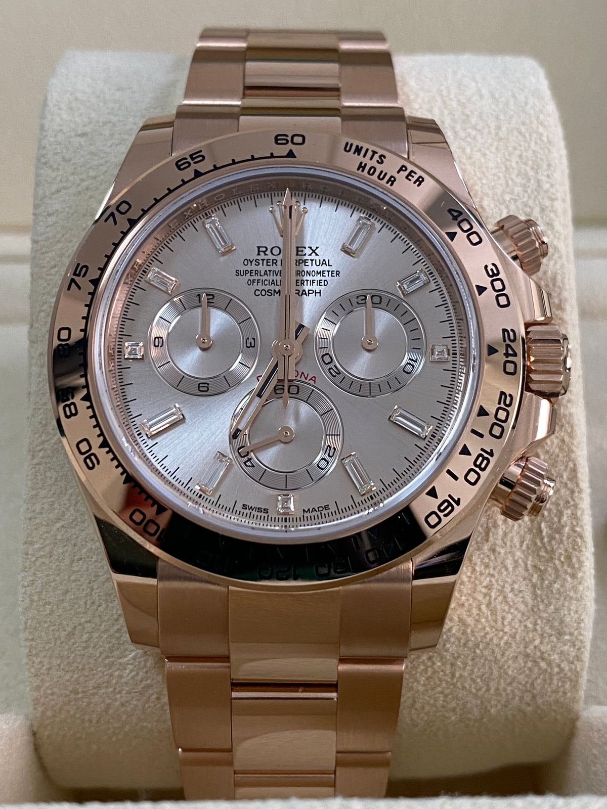 Rolex Everose Gold Cosmograph Daytona - 2023 - Sundust Baguette Dial - 116505 *FULL SET*