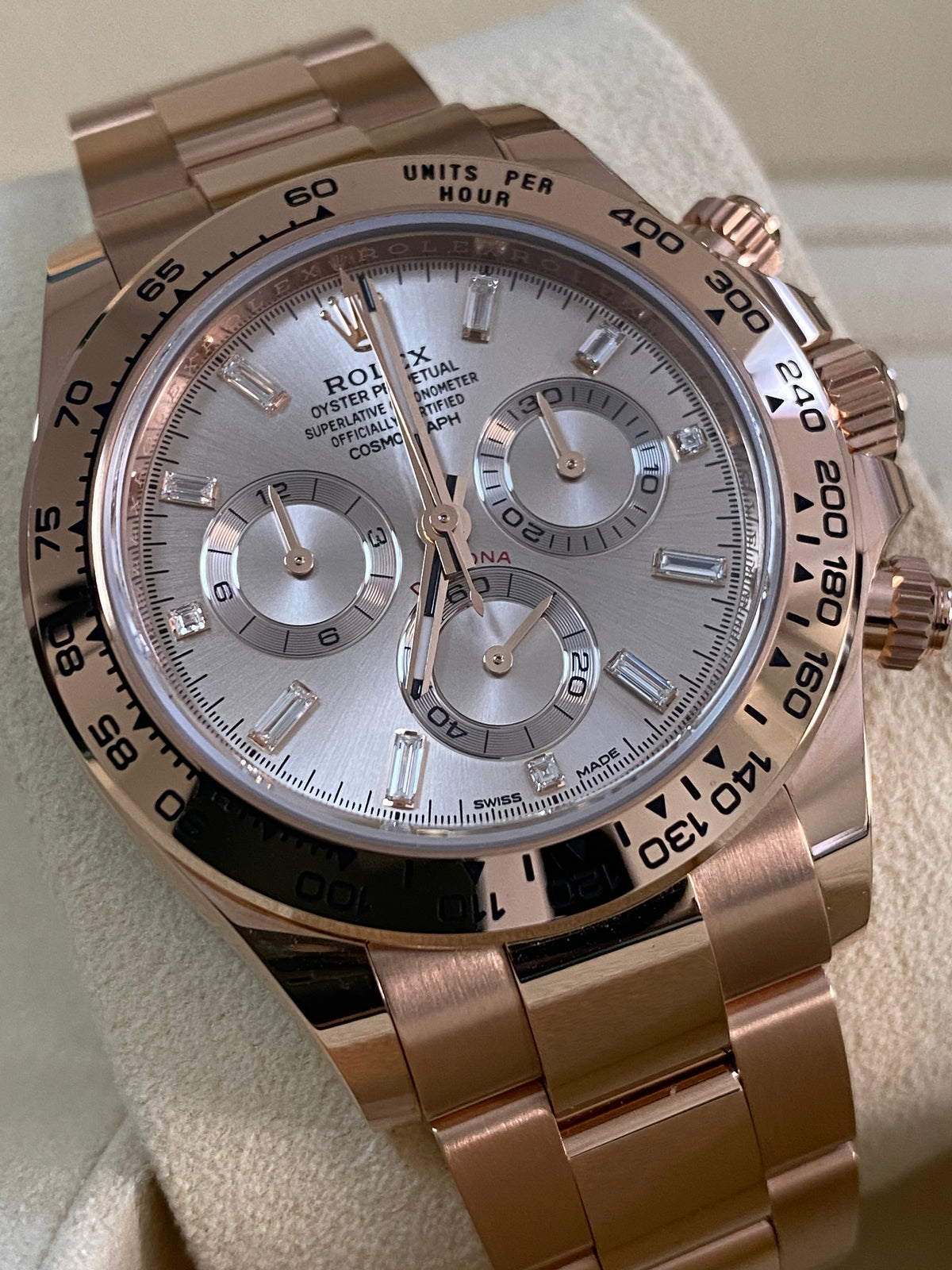 Rolex Everose Gold Cosmograph Daytona - 2023 - Sundust Baguette Dial - 116505 *FULL SET*