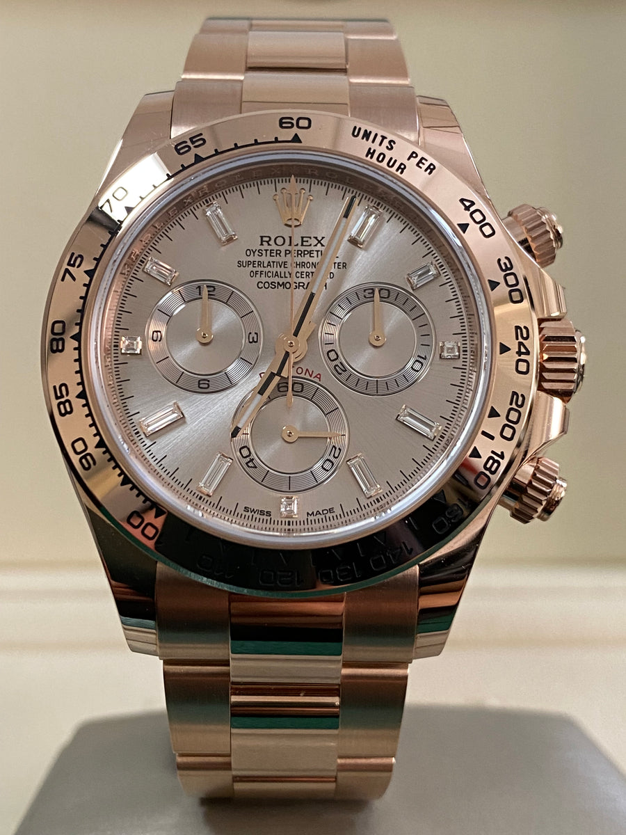 Rolex Everose Gold Cosmograph Daytona - 2023 - Sundust Baguette Dial - 116505 *FULL SET*