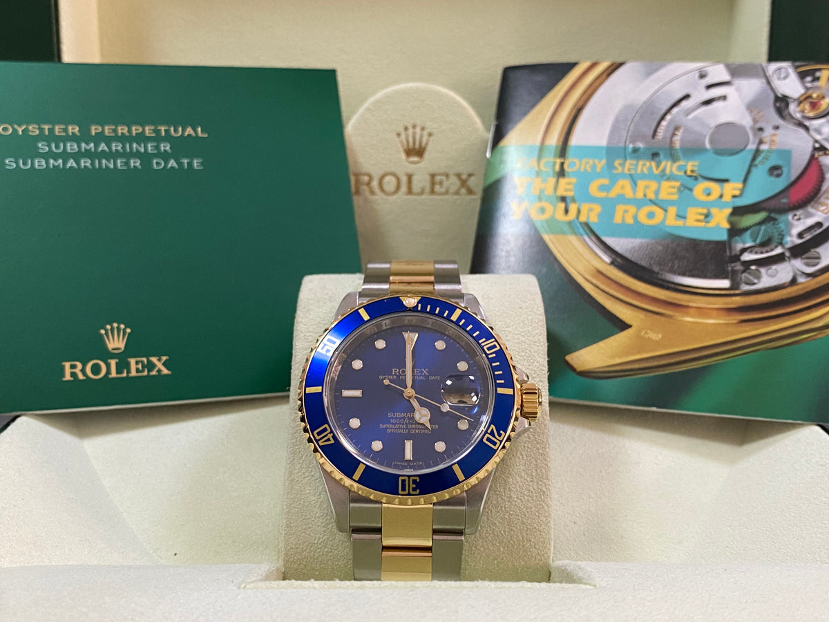 Rolex Steel and Gold Submariner Date - M Serial - Blue Dial - Pre Ceramic Blue Bezel - 16613