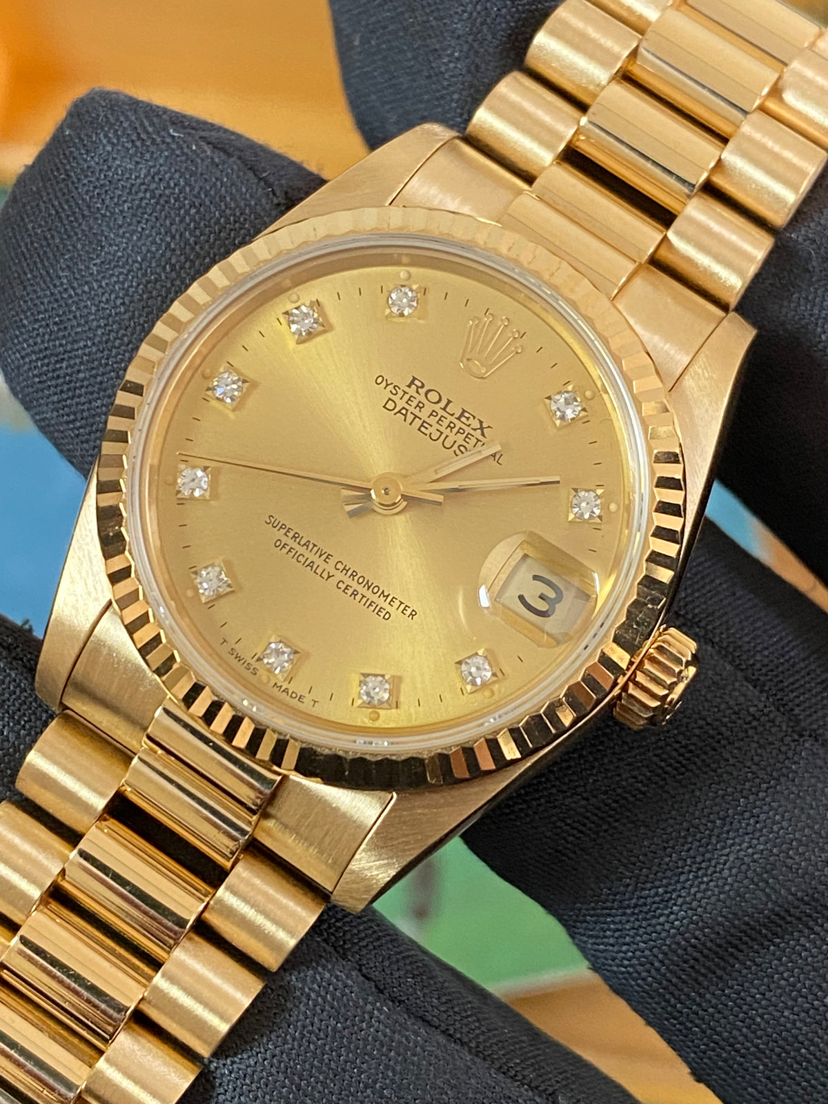 Rolex Yellow Gold Datejust 31 - N serial - Fluted Bezel - Factory Diamond Dial - President Bracelet - 68278