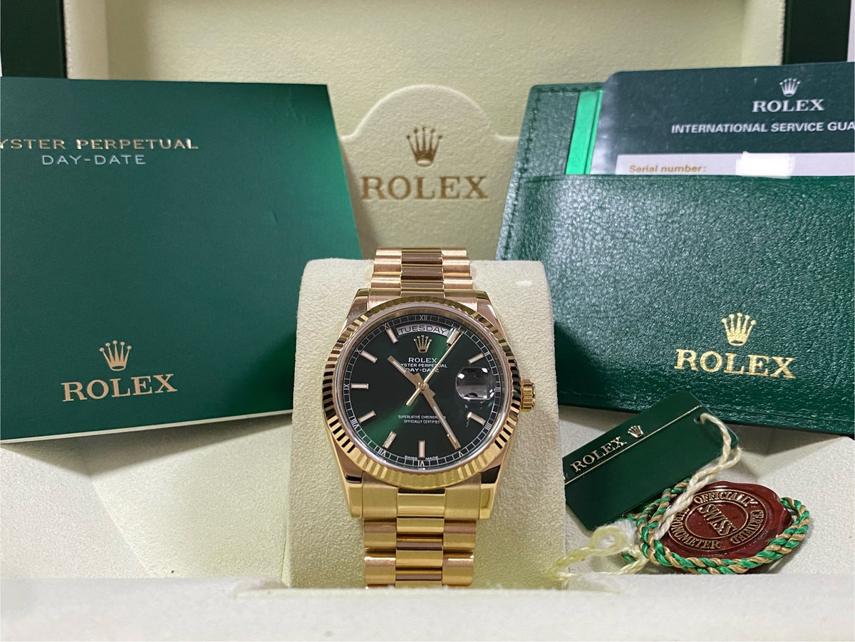 Rolex Yellow Gold Day-Date 36 - Fluted Bezel - Green Index Dial - President Bracelet - 118238