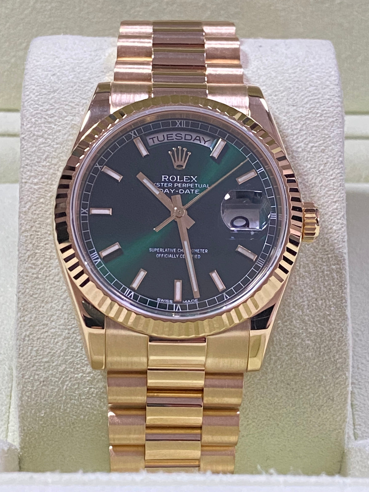 Rolex Yellow Gold Day-Date 36 - Fluted Bezel - Green Index Dial - President Bracelet - 118238