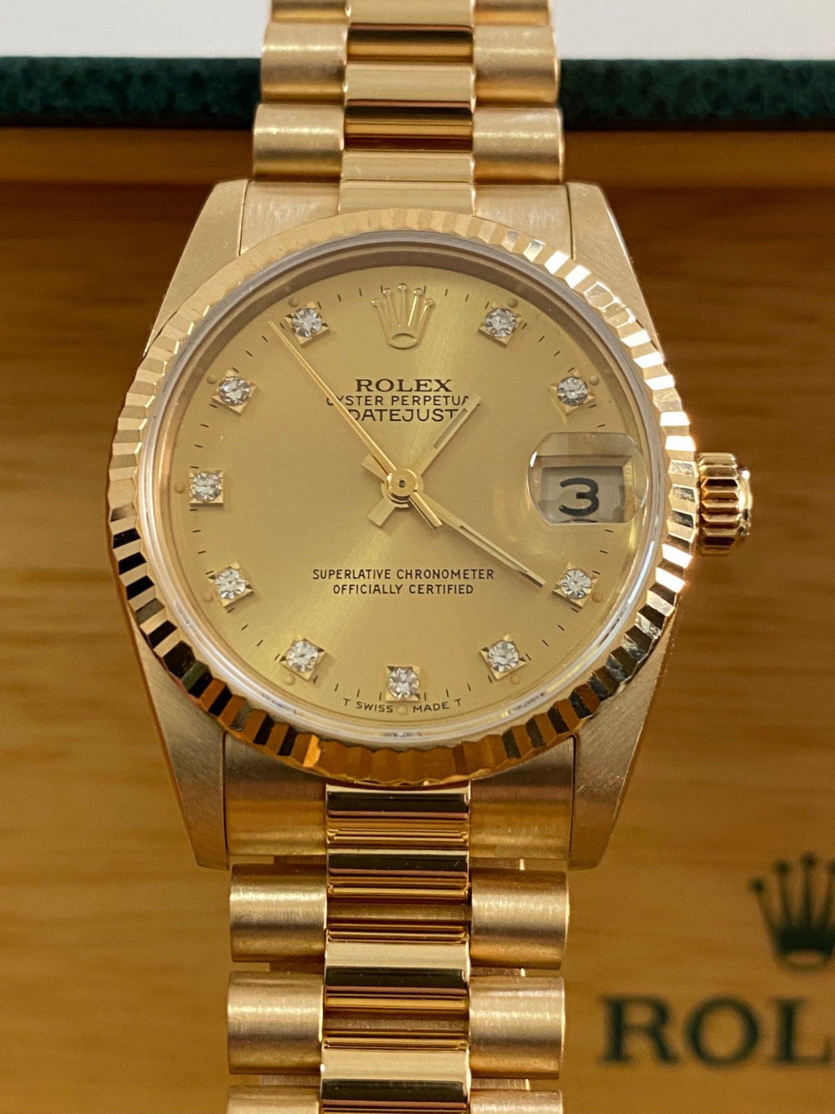 Rolex Yellow Gold Datejust 31 - N serial - Fluted Bezel - Factory Diamond Dial - President Bracelet - 68278