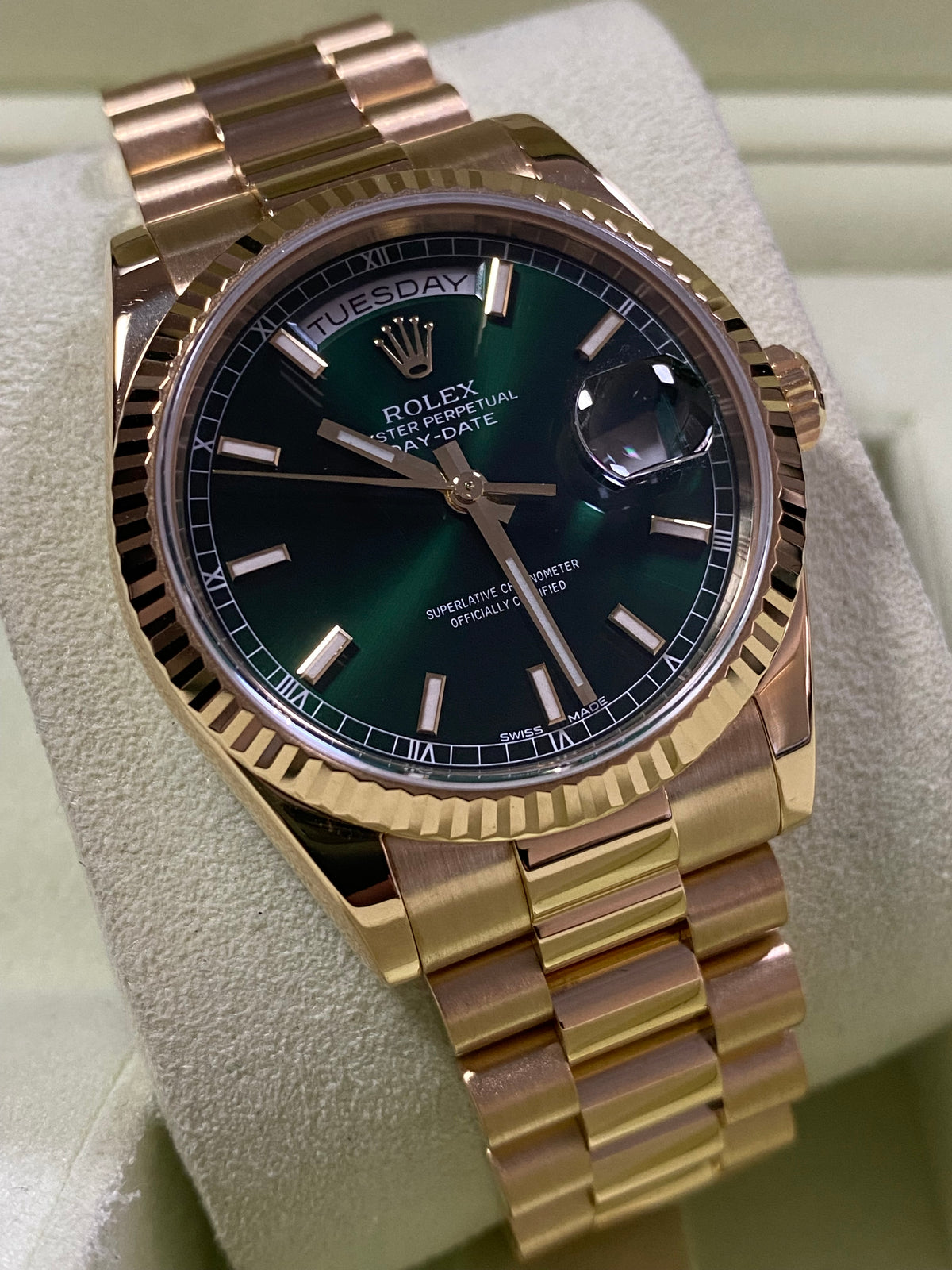 Rolex Yellow Gold Day-Date 36 - Fluted Bezel - Green Index Dial - President Bracelet - 118238