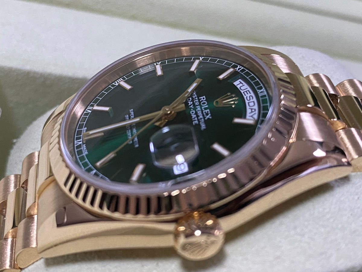 Rolex Yellow Gold Day-Date 36 - Fluted Bezel - Green Index Dial - President Bracelet - 118238