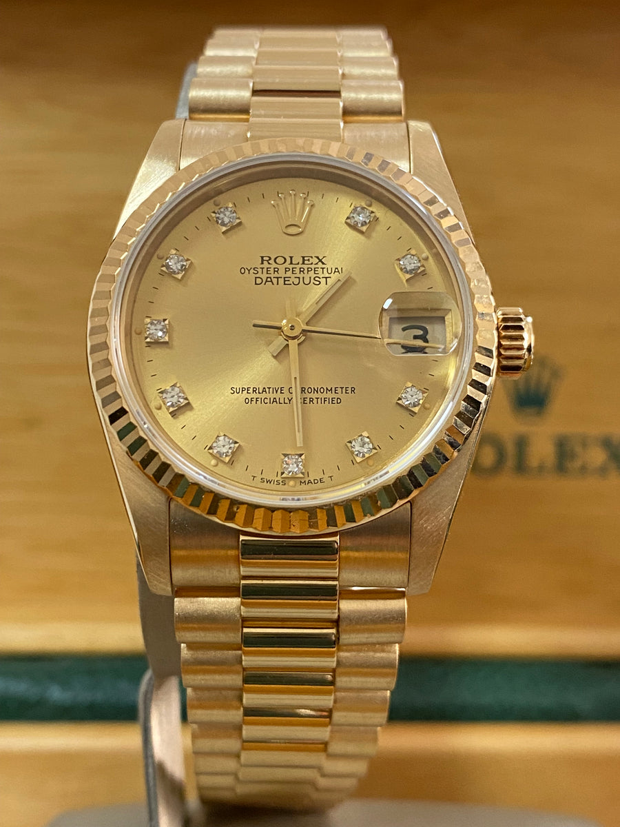 Rolex Yellow Gold Datejust 31 - N serial - Fluted Bezel - Factory Diamond Dial - President Bracelet - 68278