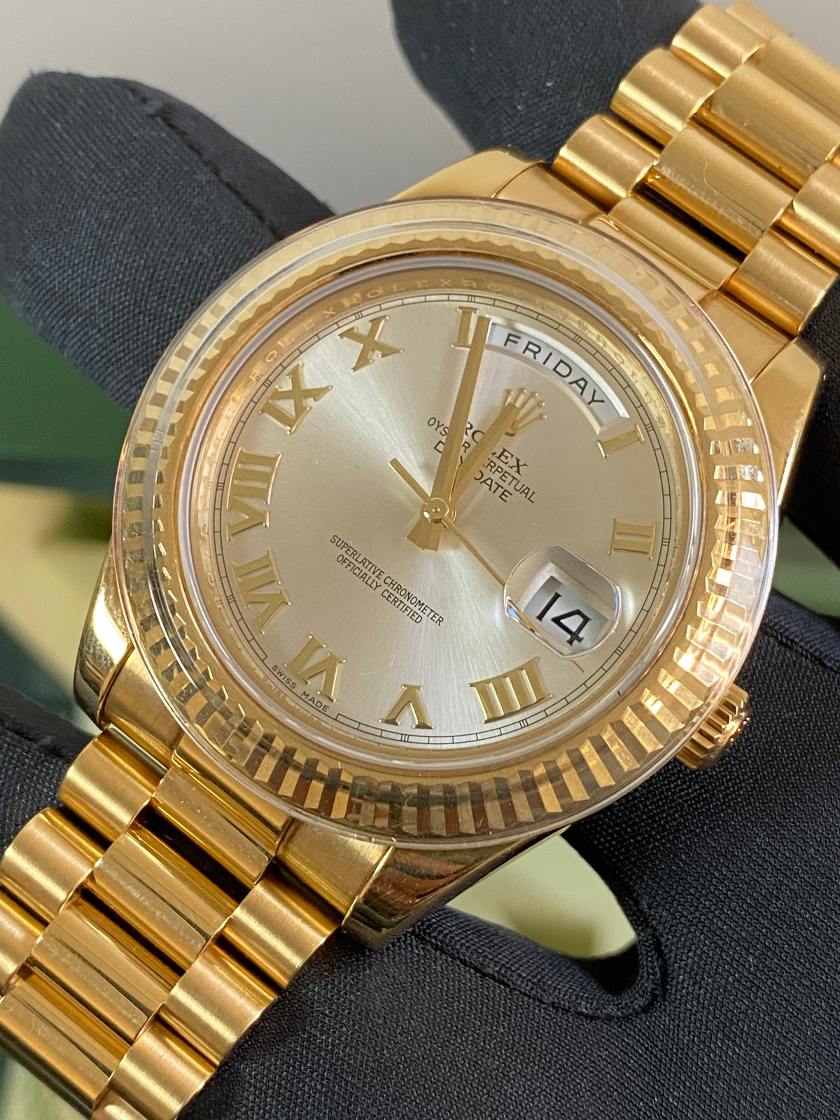 Rolex White Gold Day-Date II - M Serial - Fluted Bezel - Silver Roman Dial - President Bracelet - 218238