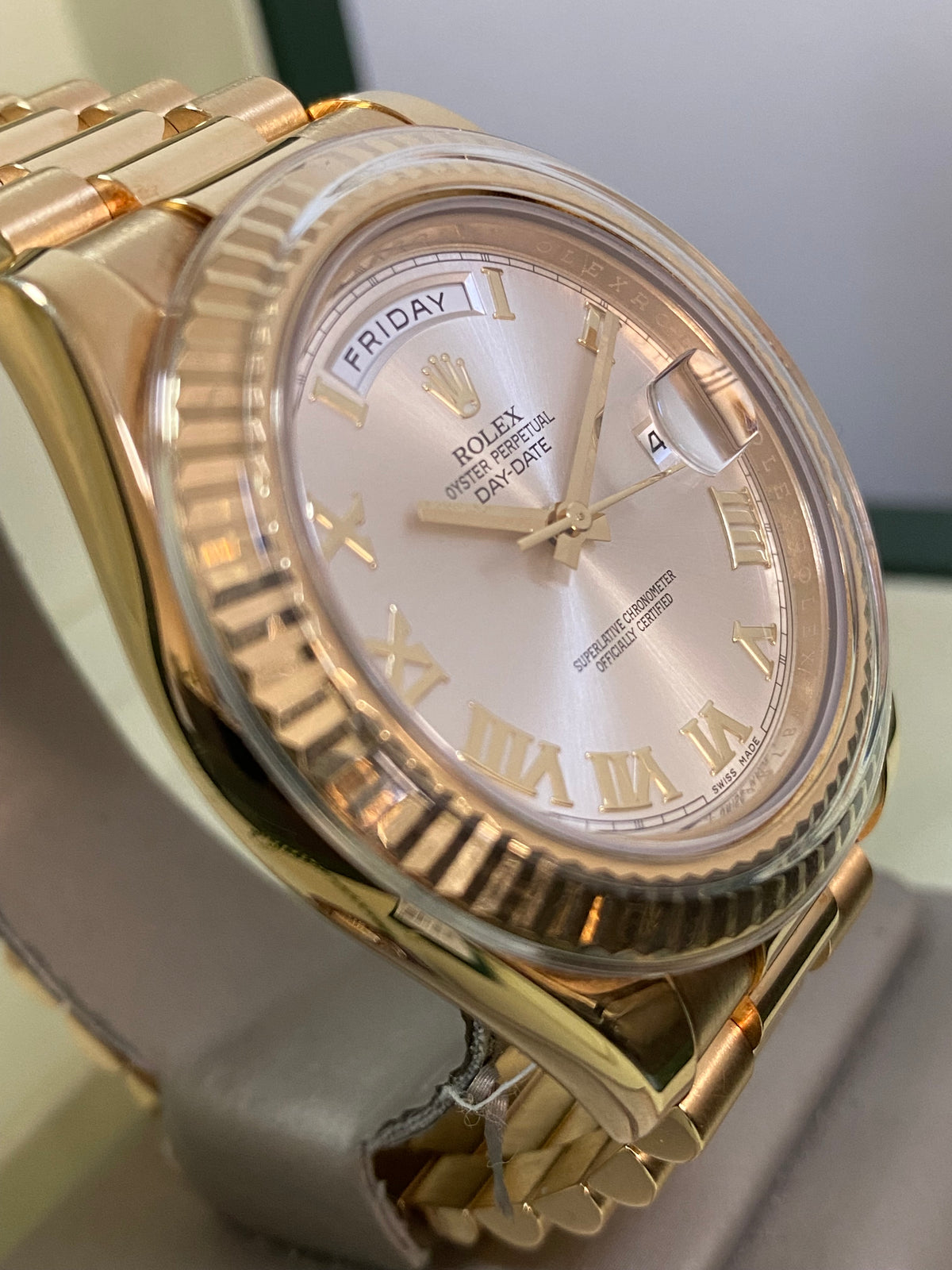 Rolex White Gold Day-Date II - M Serial - Fluted Bezel - Silver Roman Dial - President Bracelet - 218238