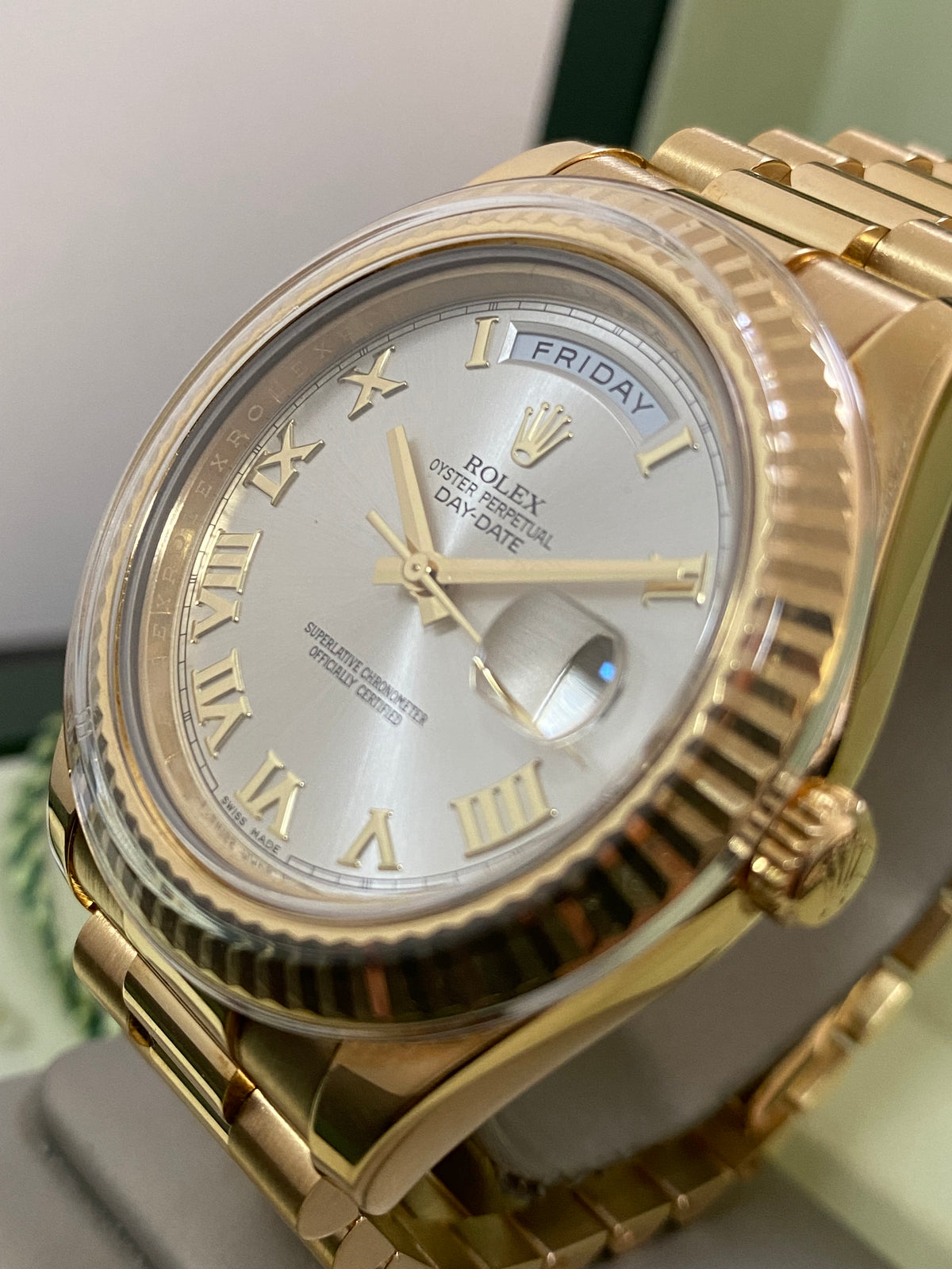 Rolex White Gold Day-Date II - M Serial - Fluted Bezel - Silver Roman Dial - President Bracelet - 218238