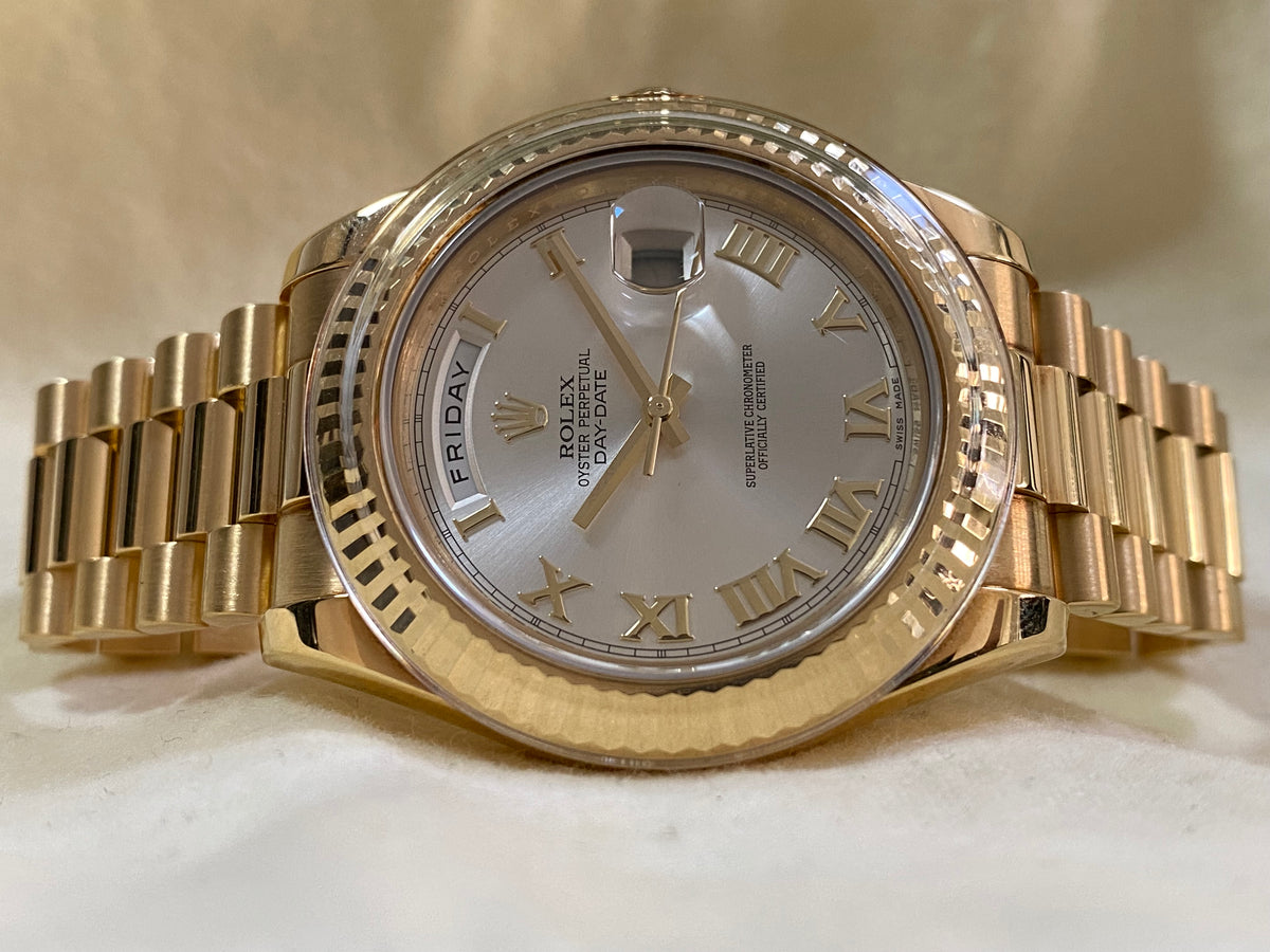 Rolex White Gold Day-Date II - M Serial - Fluted Bezel - Silver Roman Dial - President Bracelet - 218238